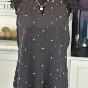 Maurices Black Blouse with Pink Pattern and Lace Detail